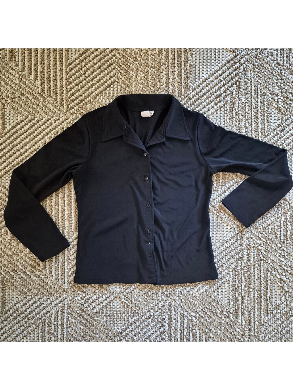 VTG 90s Y2K Slinky Black Button Up Blouse Pointed Collar Soft Knit Top S M